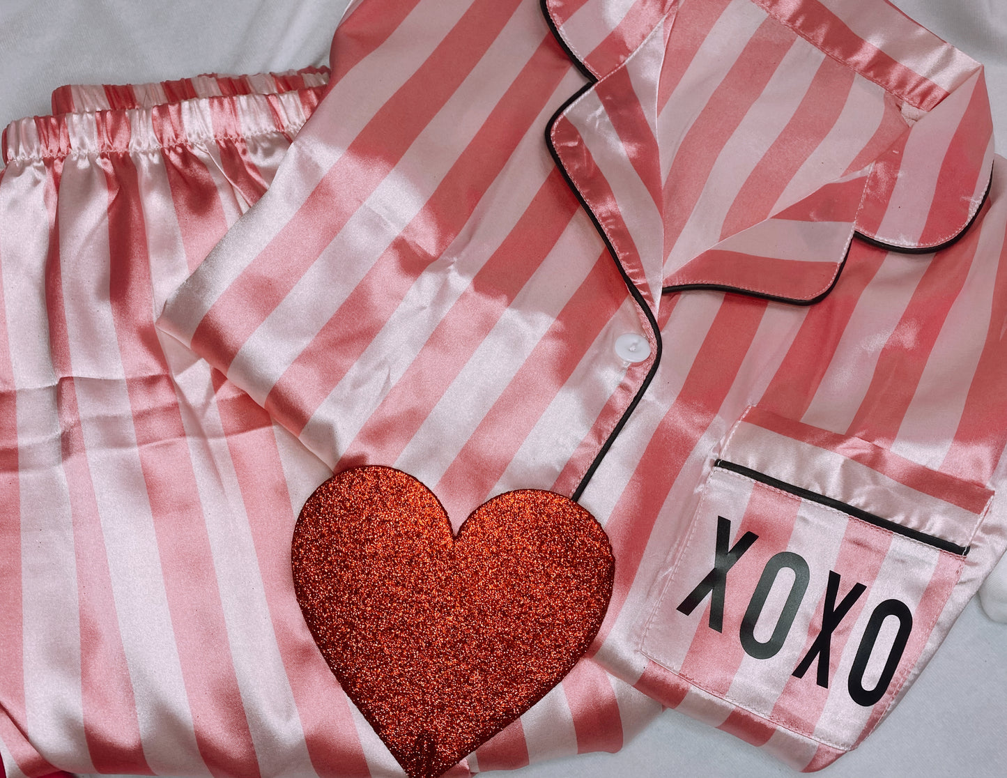 Pink Striped Silk Pajamas "XOXO" Womens
