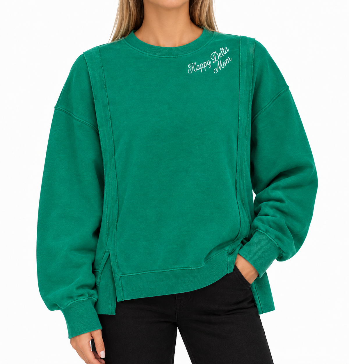 Green Kappa Delta Mom Embroidered Neckline Pullover