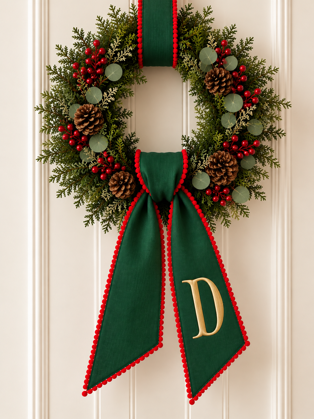 Green Wreath Sash w/ Red Pom-Pom Trim Embroidered