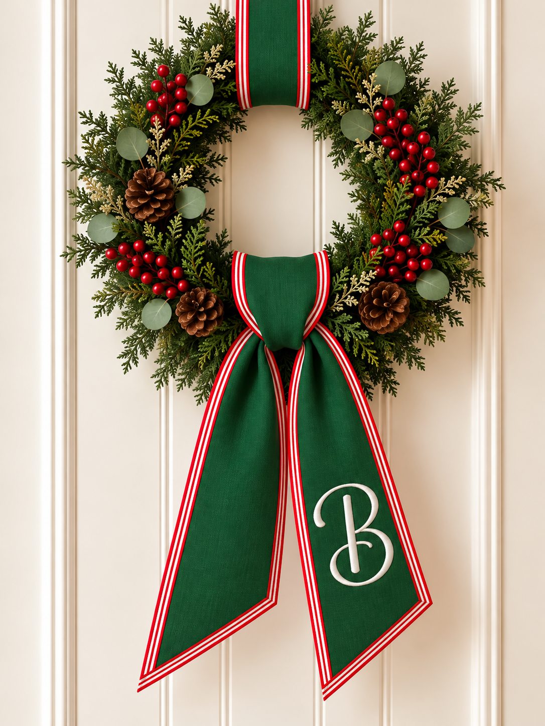 Green Wreath Sash w/ Red Stripe Trim Embroidered