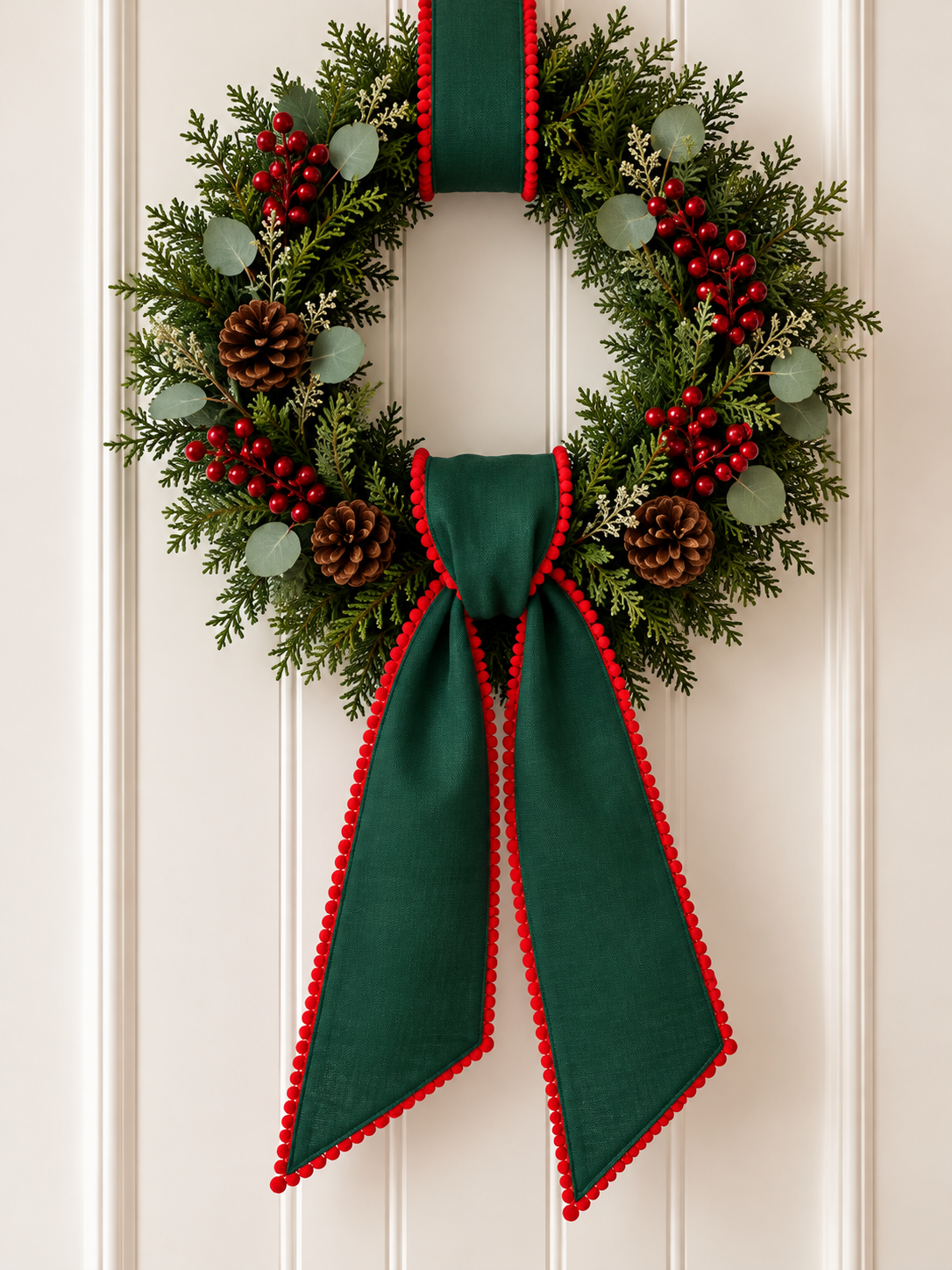 Green Wreath Sash w/ Red Pom-Pom Trim Embroidered