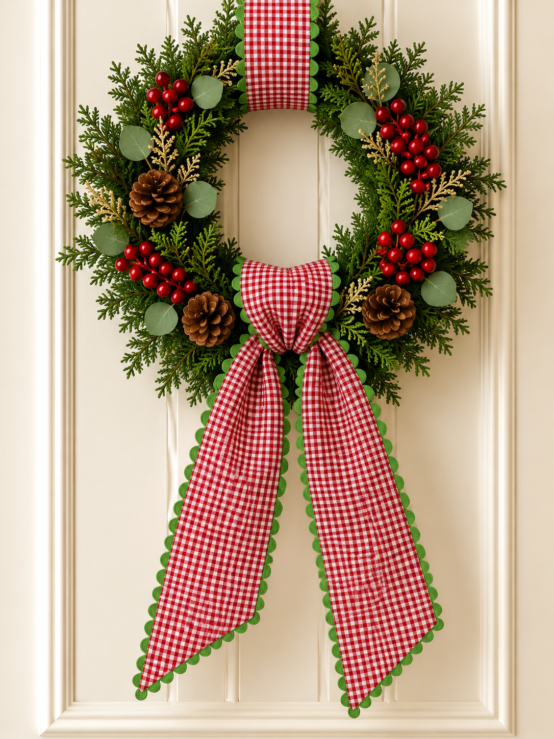 Red Gingham Wreath Sash w/ Scallop Trim Embroidered