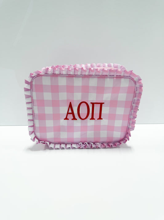 Alpha Omicron Pi Ruffle Makeup Bag Checkered