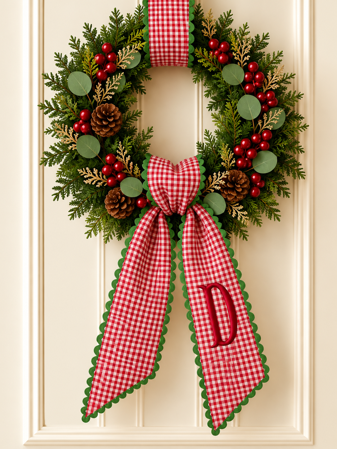 Red Gingham Wreath Sash w/ Scallop Trim Embroidered